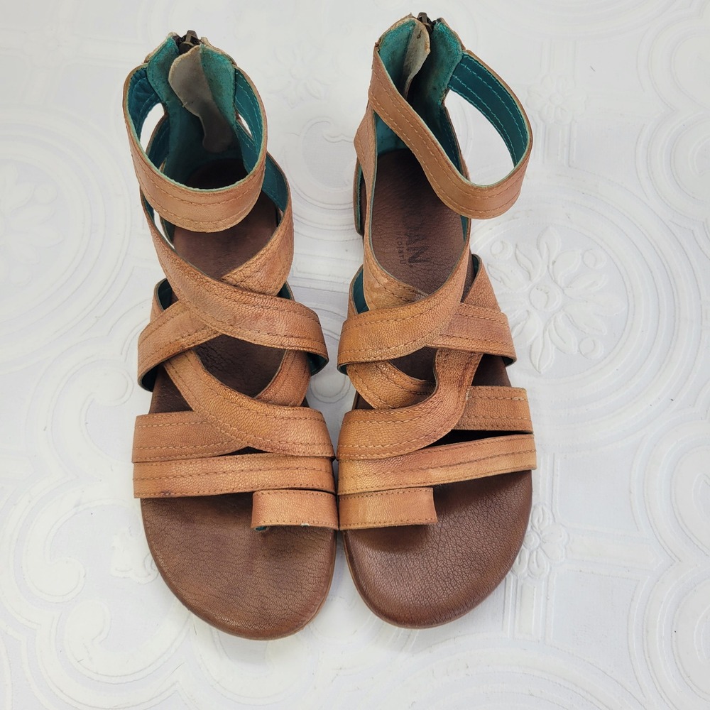 Bed Stu Roan Womens Tan Leather Gladiator Caged Flat Sandals Back Zip Boho Sz 9? - Picture 13 of 16